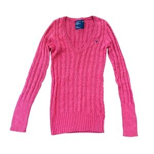 Vintage Y2K American Eagle Red Ribbee Cableknit V-Neck Sweater Size Medium